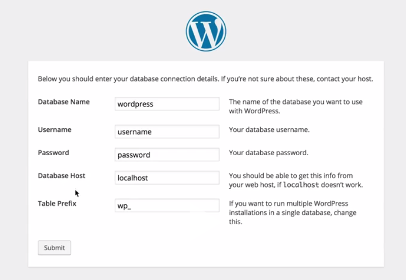 Wordpress database configuration